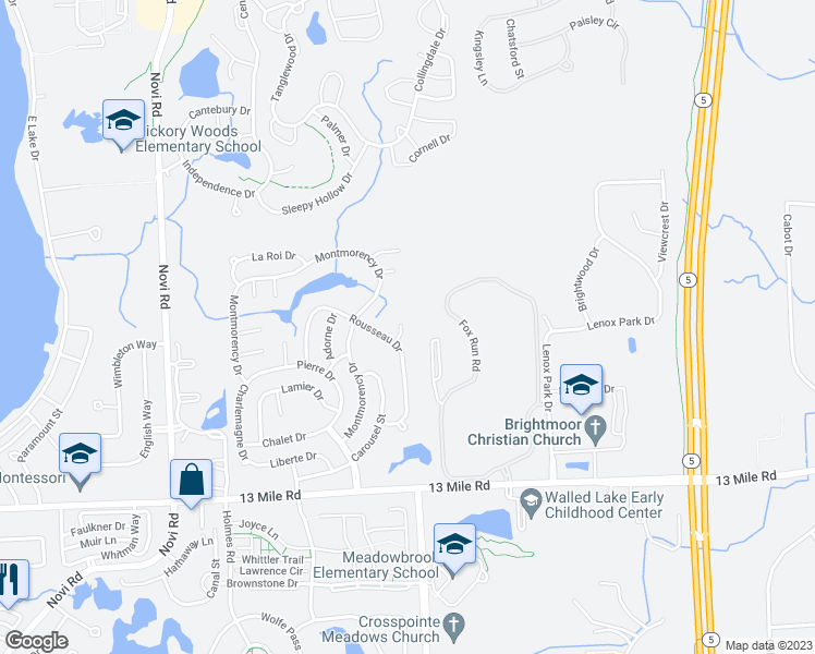 map of restaurants, bars, coffee shops, grocery stores, and more near 29982 Miquelon Court in Novi