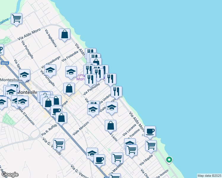 map of restaurants, bars, coffee shops, grocery stores, and more near 63 Via Aldo Moro in Montesilvano