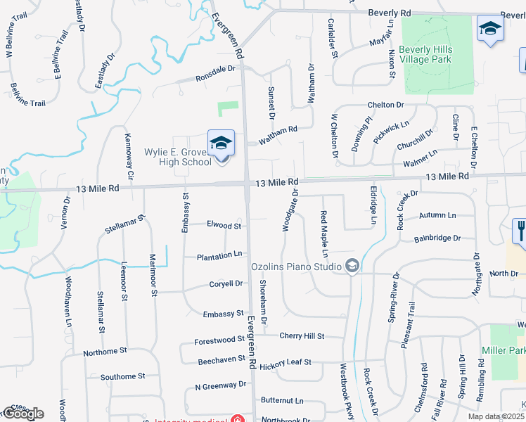 map of restaurants, bars, coffee shops, grocery stores, and more near 19933 West 13 Mile Road in Southfield