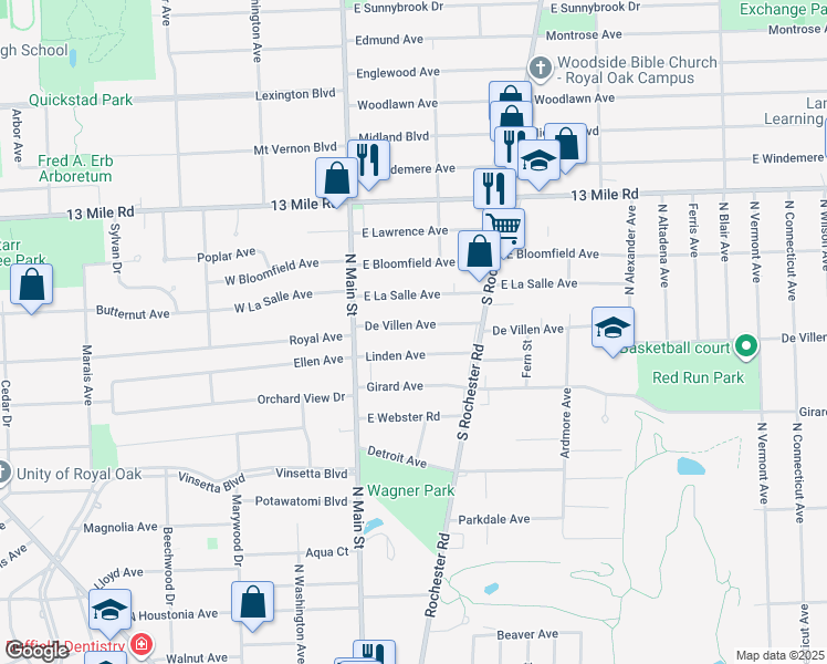 map of restaurants, bars, coffee shops, grocery stores, and more near 140 East La Salle Avenue in Royal Oak