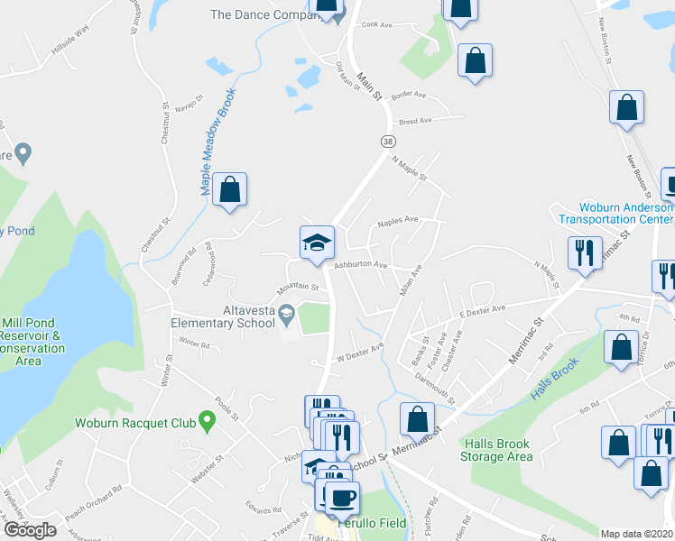 map of restaurants, bars, coffee shops, grocery stores, and more near 2 Ashburton Avenue in Woburn