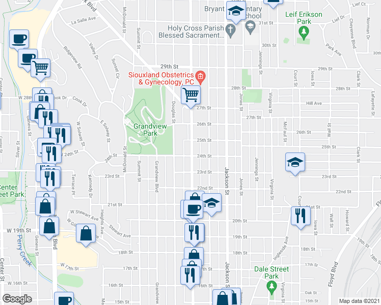 map of restaurants, bars, coffee shops, grocery stores, and more near 2400 Pierce Street in Sioux City