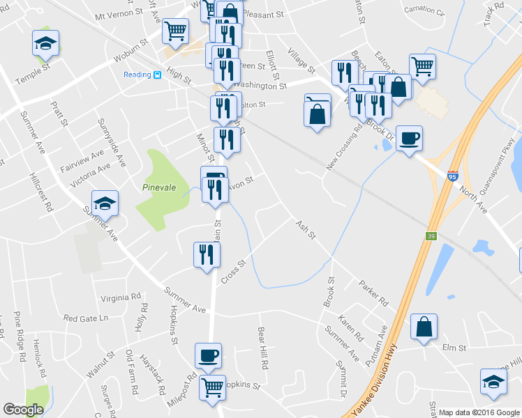 map of restaurants, bars, coffee shops, grocery stores, and more near 21 Shackford Road in Reading