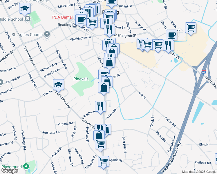 map of restaurants, bars, coffee shops, grocery stores, and more near 295 Massachusetts 28 in Reading