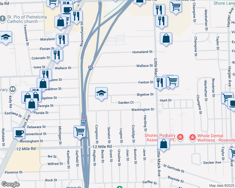 map of restaurants, bars, coffee shops, grocery stores, and more near 20065 Bigelow Street in Roseville