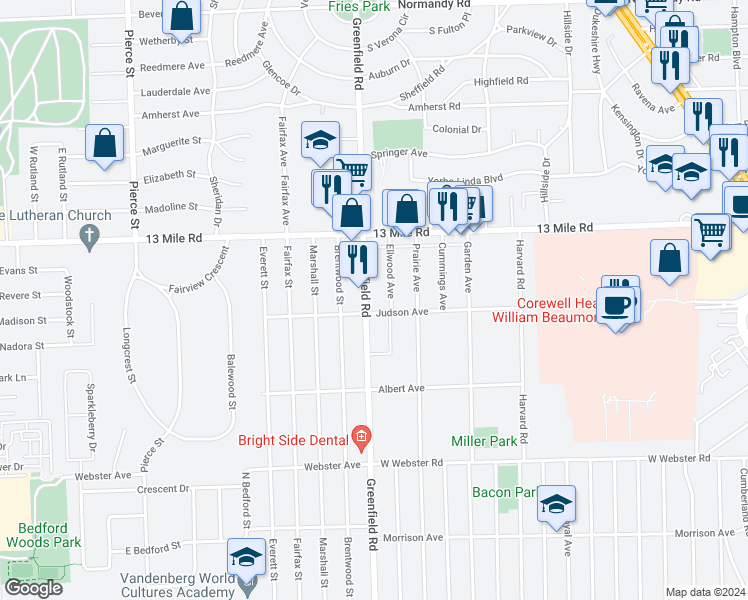 map of restaurants, bars, coffee shops, grocery stores, and more near 3340 Greenfield Road in Royal Oak