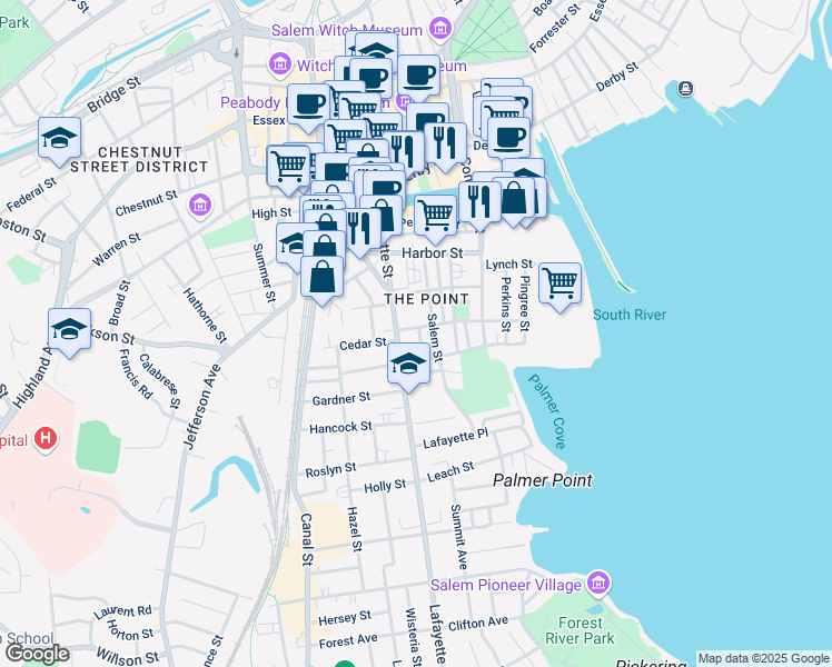 map of restaurants, bars, coffee shops, grocery stores, and more near 38 Salem Street in Salem
