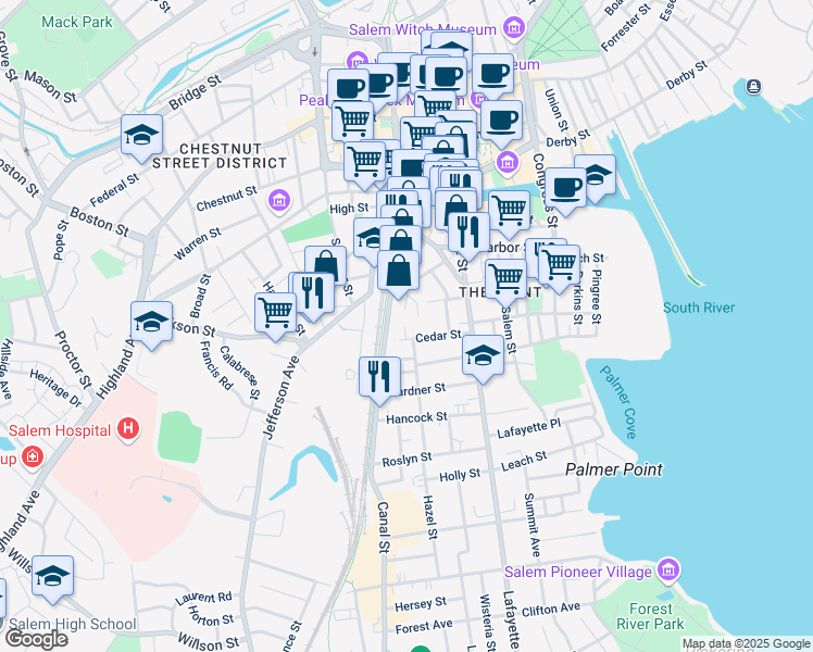 map of restaurants, bars, coffee shops, grocery stores, and more near 5 Florence Street in Salem