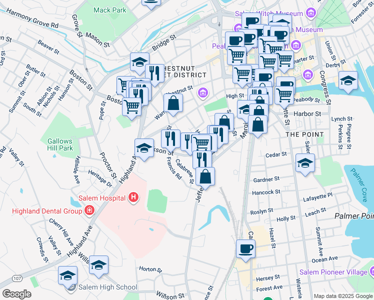 map of restaurants, bars, coffee shops, grocery stores, and more near 14 Phelps Street in Salem