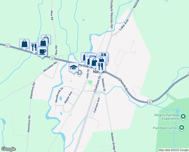 map of restaurants, bars, coffee shops, grocery stores, and more near 15 Albany Avenue in Nassau