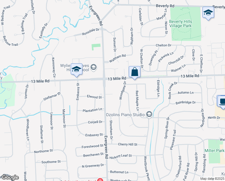 map of restaurants, bars, coffee shops, grocery stores, and more near 19933 West 13 Mile Road in Southfield