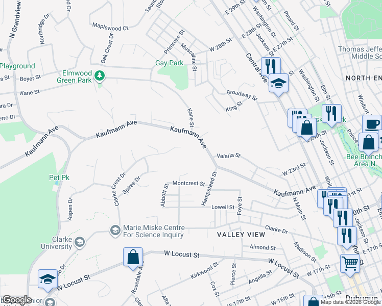 map of restaurants, bars, coffee shops, grocery stores, and more near 2599 Clarke Crest Dr in Dubuque