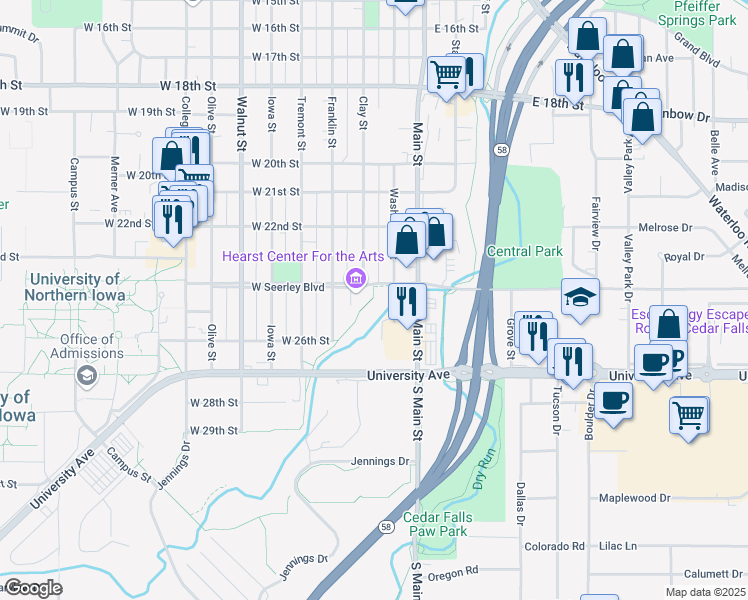 map of restaurants, bars, coffee shops, grocery stores, and more near 256 West Seerley Boulevard in Cedar Falls