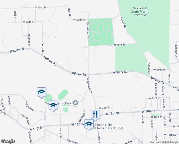 map of restaurants, bars, coffee shops, grocery stores, and more near 2501-2649 Casselman Street in Sioux City