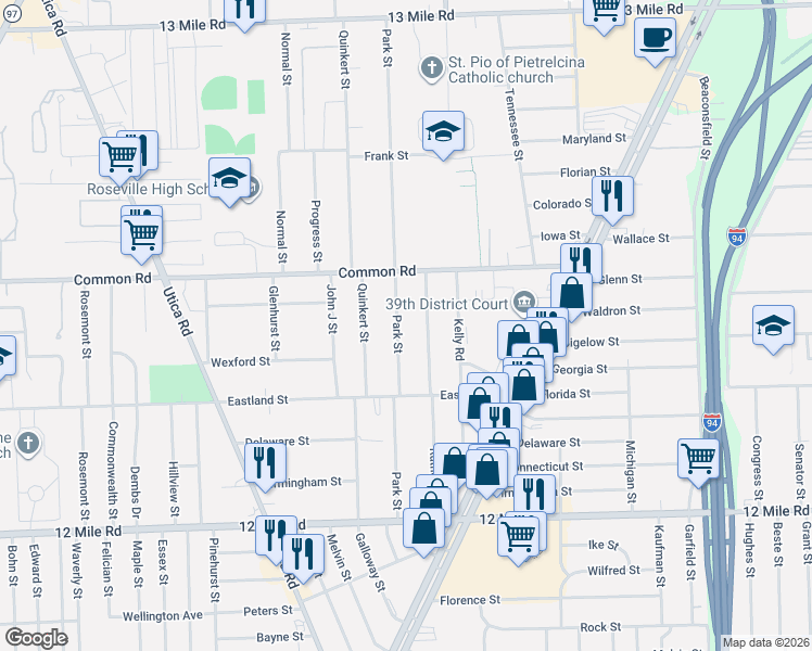 map of restaurants, bars, coffee shops, grocery stores, and more near 29842 Park Street in Roseville
