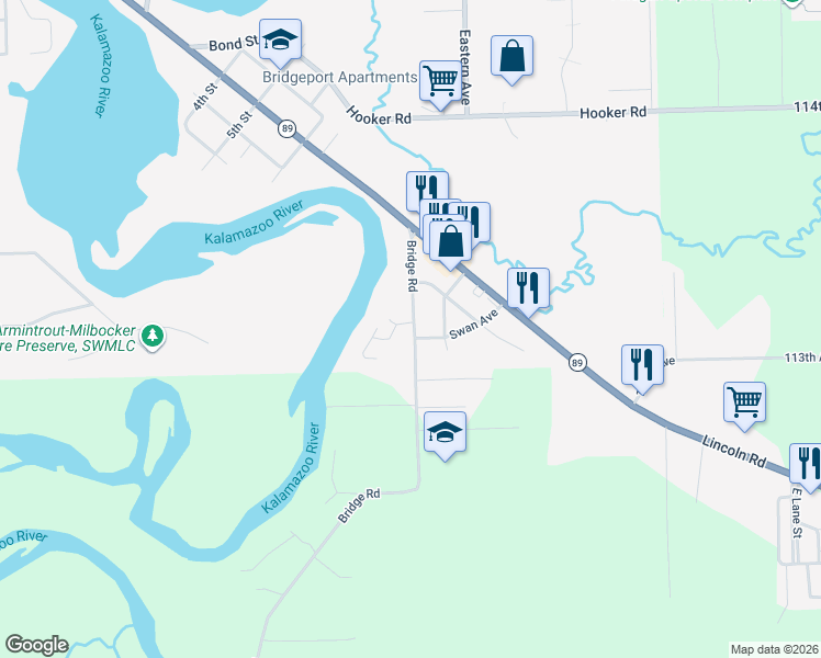map of restaurants, bars, coffee shops, grocery stores, and more near 210 Bridge Road in Allegan