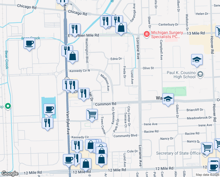map of restaurants, bars, coffee shops, grocery stores, and more near 8481 Coachlite Manor Condominium in Warren