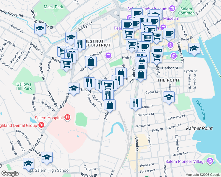 map of restaurants, bars, coffee shops, grocery stores, and more near 48 Hathorne Street in Salem