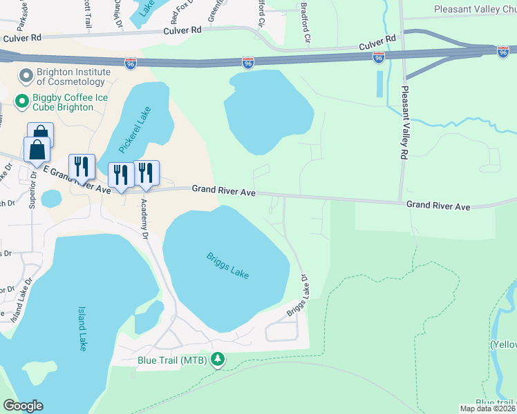 map of restaurants, bars, coffee shops, grocery stores, and more near 11255 East Grand River Avenue in Brighton