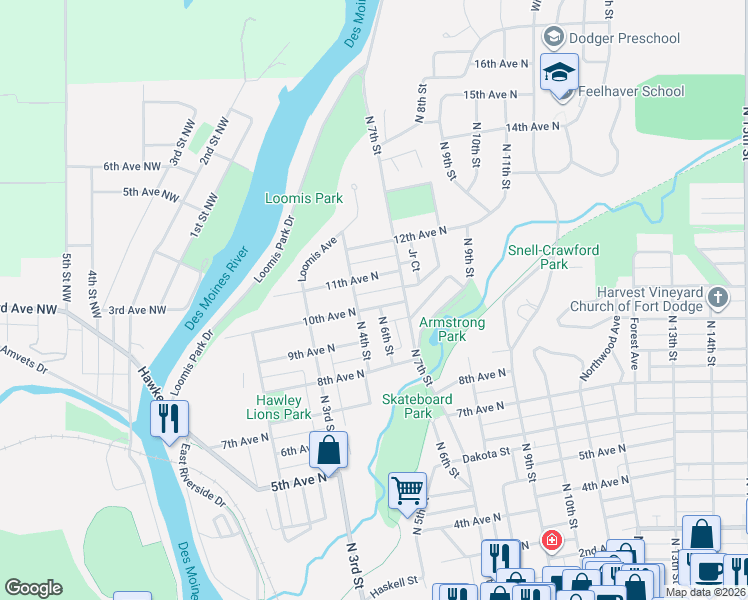map of restaurants, bars, coffee shops, grocery stores, and more near 629 11th Avenue North in Fort Dodge