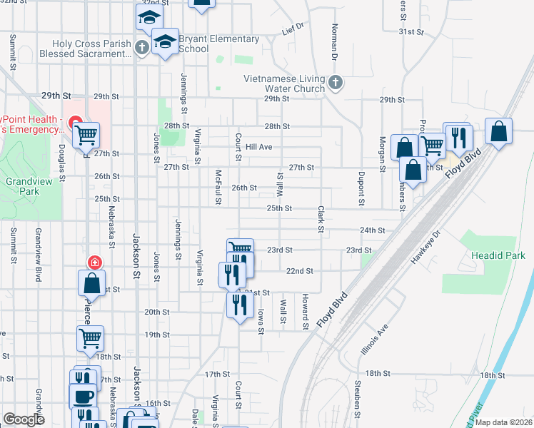 map of restaurants, bars, coffee shops, grocery stores, and more near 1101-1299 25th St in Sioux City