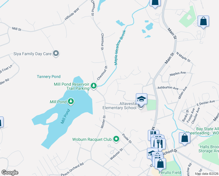 map of restaurants, bars, coffee shops, grocery stores, and more near 11 Briarwood Road in Woburn
