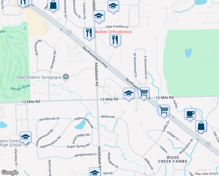 map of restaurants, bars, coffee shops, grocery stores, and more near 29676 Middlebelt Road in Farmington Hills