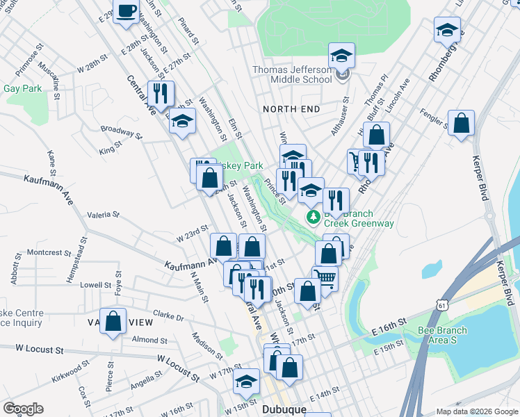 map of restaurants, bars, coffee shops, grocery stores, and more near 2300 Washington Street in Dubuque