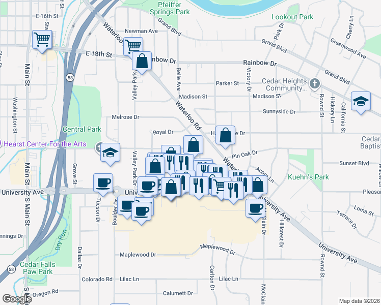 map of restaurants, bars, coffee shops, grocery stores, and more near 2328 Melrose Drive in Cedar Falls
