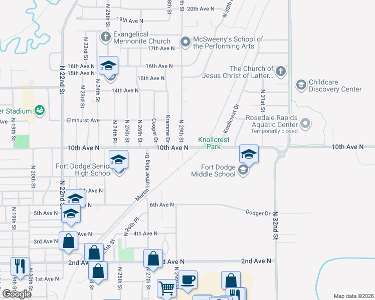 map of restaurants, bars, coffee shops, grocery stores, and more near 1004 North 29th Street in Fort Dodge