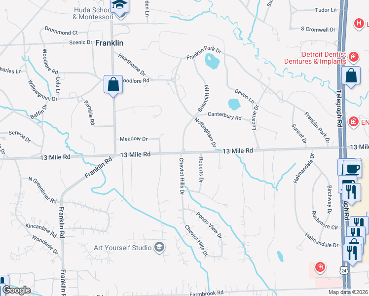 map of restaurants, bars, coffee shops, grocery stores, and more near 31050 Briarcliff Road in Franklin