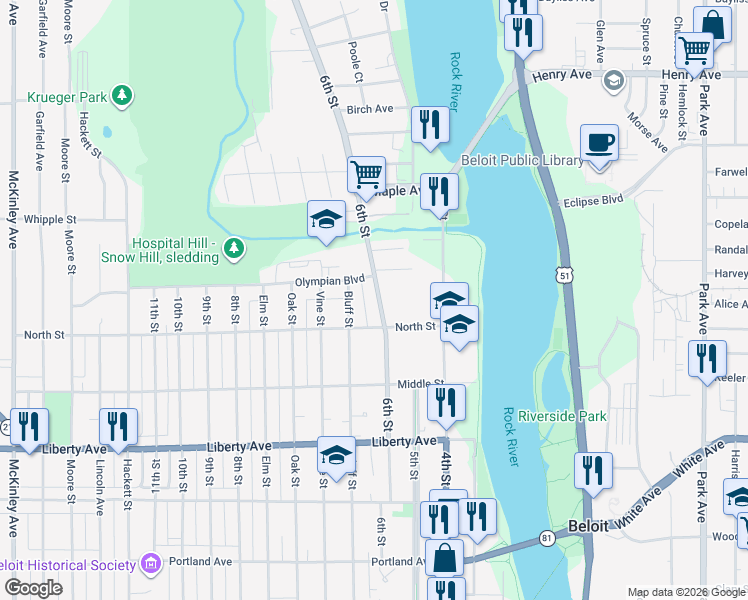 map of restaurants, bars, coffee shops, grocery stores, and more near 1344 6th Street in Beloit