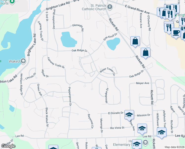 map of restaurants, bars, coffee shops, grocery stores, and more near 1010 Hickory Drive in Brighton