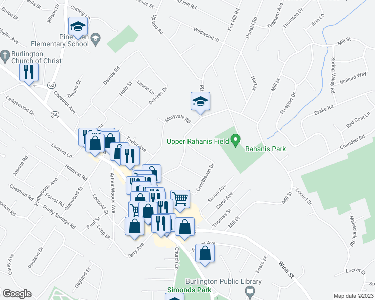 map of restaurants, bars, coffee shops, grocery stores, and more near 21 Skilton Lane in Burlington
