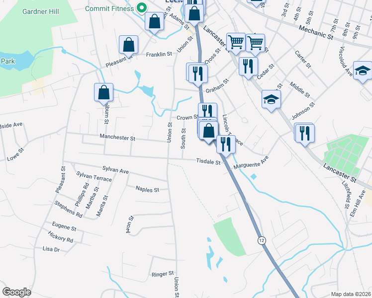 map of restaurants, bars, coffee shops, grocery stores, and more near 56 South Street in Leominster