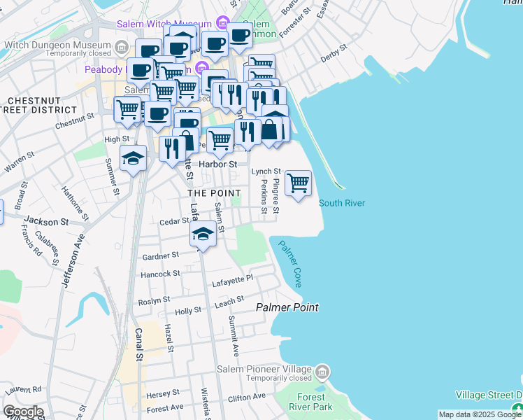 map of restaurants, bars, coffee shops, grocery stores, and more near 38 Perkins Street in Salem