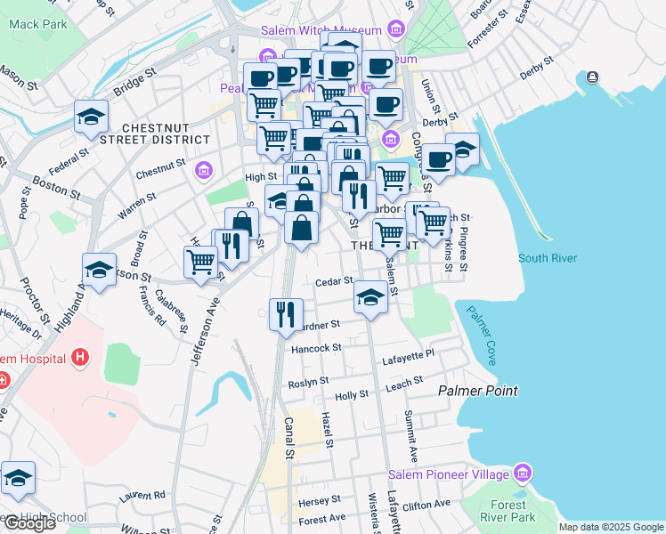 map of restaurants, bars, coffee shops, grocery stores, and more near 5 Florence Street in Salem