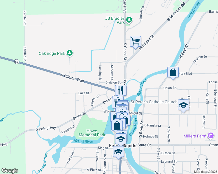 map of restaurants, bars, coffee shops, grocery stores, and more near 405 Division Street in Eaton Rapids