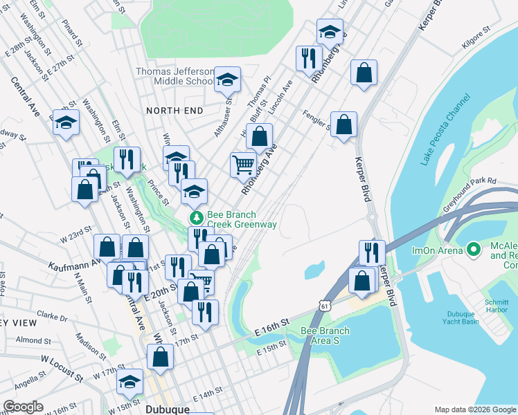map of restaurants, bars, coffee shops, grocery stores, and more near 800 Garfield Avenue in Dubuque