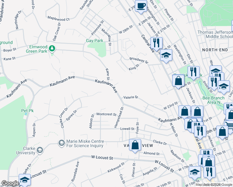 map of restaurants, bars, coffee shops, grocery stores, and more near 551 Kaufmann Avenue in Dubuque