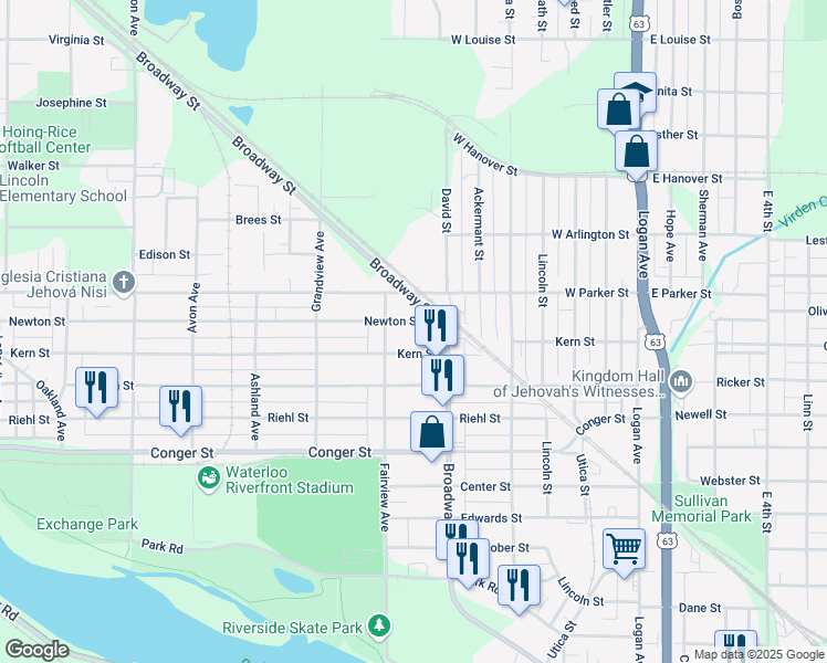 map of restaurants, bars, coffee shops, grocery stores, and more near 500 Newton Street in Waterloo