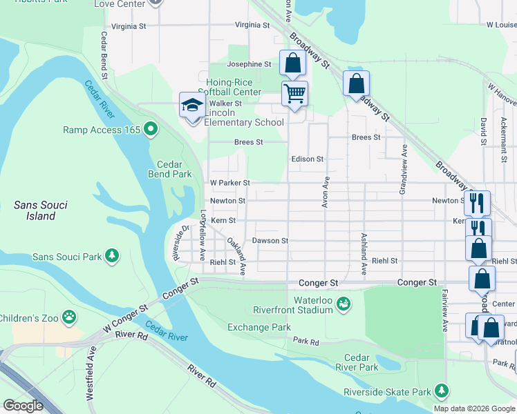 map of restaurants, bars, coffee shops, grocery stores, and more near 1052 Newton Street in Waterloo