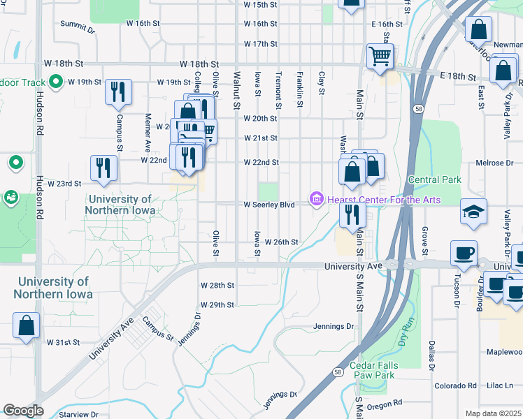 map of restaurants, bars, coffee shops, grocery stores, and more near 2321 Iowa Street in Cedar Falls