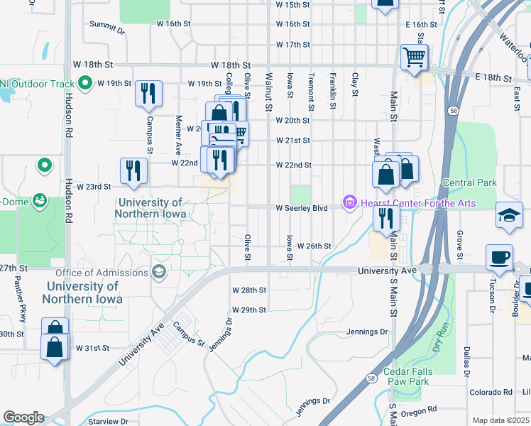 map of restaurants, bars, coffee shops, grocery stores, and more near 2322 Olive Street in Cedar Falls