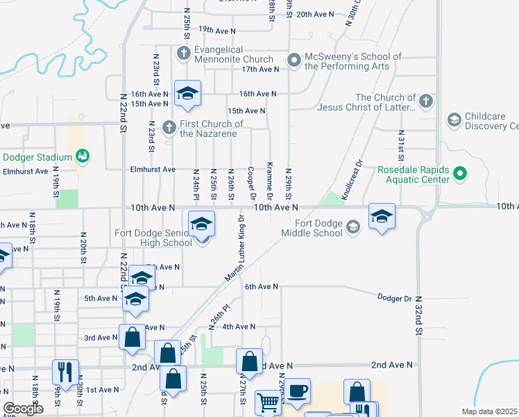 map of restaurants, bars, coffee shops, grocery stores, and more near 1001 Cooper Drive in Fort Dodge