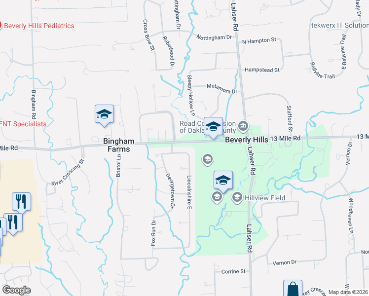 map of restaurants, bars, coffee shops, grocery stores, and more near 30830 Lincolnshire West in Beverly Hills