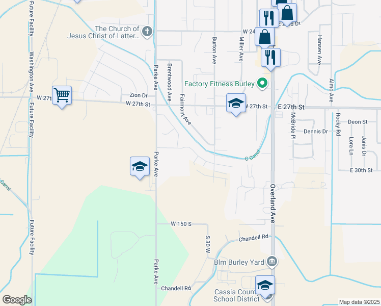 map of restaurants, bars, coffee shops, grocery stores, and more near 2843 Mount Harrison Drive in Burley