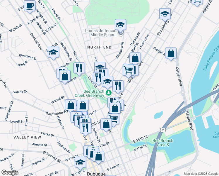 map of restaurants, bars, coffee shops, grocery stores, and more near 605 Lincoln Avenue in Dubuque
