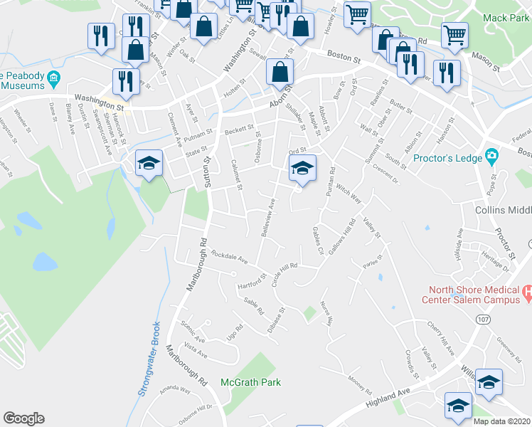 map of restaurants, bars, coffee shops, grocery stores, and more near 1 Carrollton Street in Salem