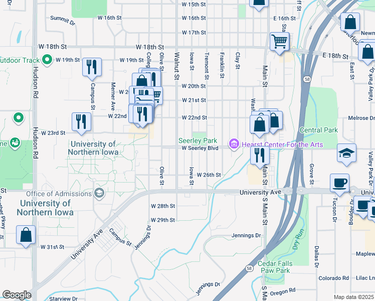 map of restaurants, bars, coffee shops, grocery stores, and more near 604 Seerley Boulevard in Cedar Falls